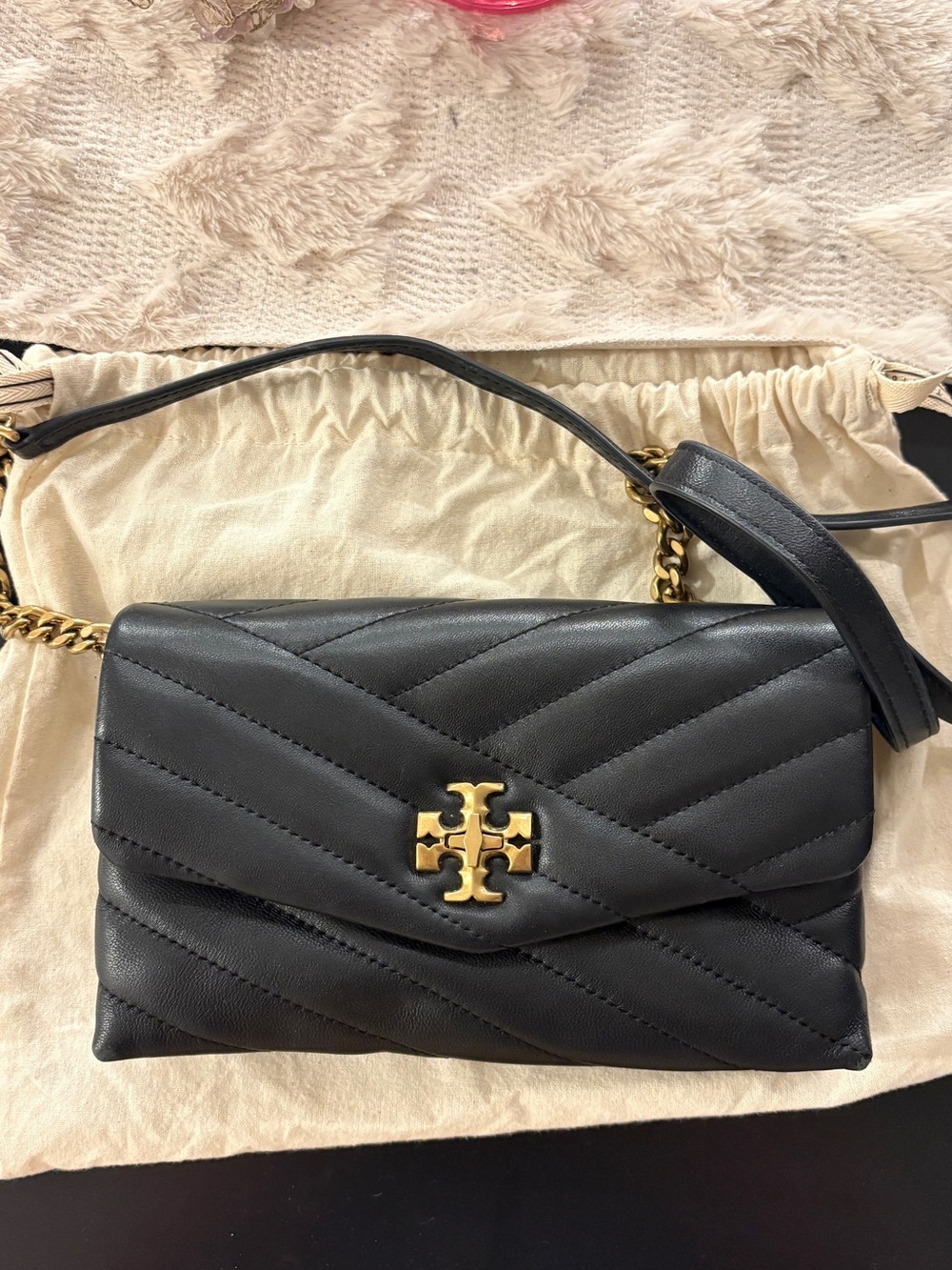 Tory Burch Kira Quilted Black Leather Crossbody Bag with Gold Logo Accent